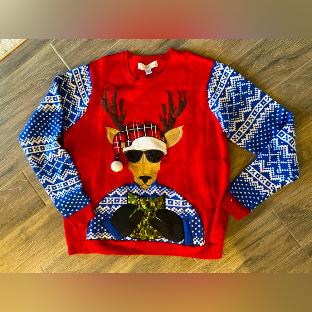 Jolly Sweaters Men’s Ugly Christmas Sweater Reindeer Sunglasses Pocket Size XL🎄